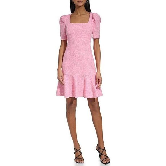 Karl Lagerfeld 14 Square Neck Drop Waist Mini Dress Pink Tweed Preppy Coquette - Picture 1 of 16
